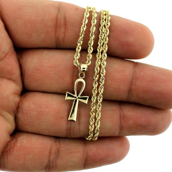 10K Real Gold Rope Chain and Ankh Cross Pendant Set - Picture 1 of 11